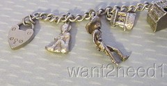 Vintage Sterling Silver Charm Bracelet 13p Hearts Sphinx Leprechaun Wishing Well