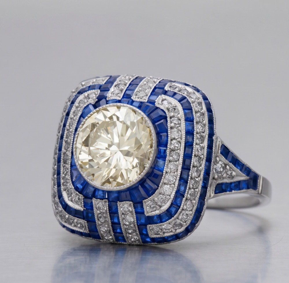 Art Deco Style Round Lab Created Diamond Sapphire Wedding 14K White Gold FN Ring