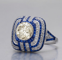 Art Deco Style Round Lab Created Diamond Sapphire Wedding 14K White Gold FN Ring