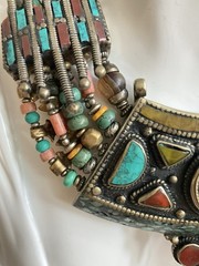 Vintage Tribal Necklace Turquoise Coral Inlay Ethnic Boho Statement Nepalese