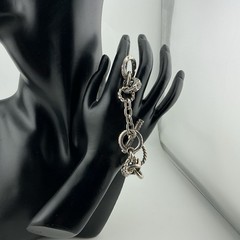 Vtg SilverT Bracelet 74 Grams 7.25”L Chunky Rhinestone Faux Pearl Rings Toggle