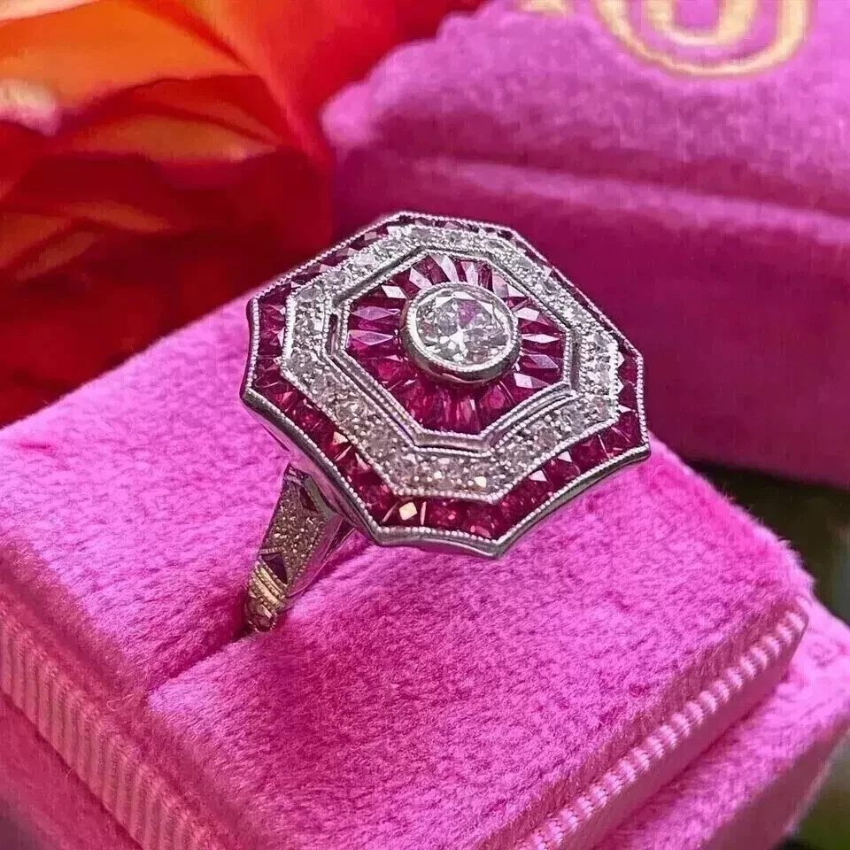 Art Deco Style Lab Created Diamond & Ruby 14K White Gold Finish Engagement Ring