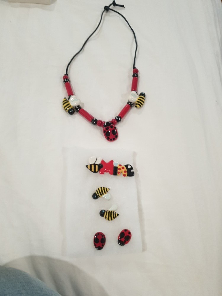 Flying Colors Lady Bug/bee Ceramic Necklace/Brooch/Earrings Bee/ladyBug Colorful
