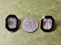 VTG Signed Trifari Black Enamel Clear Crystal Octagon Gold Tone Pierced Earrings
