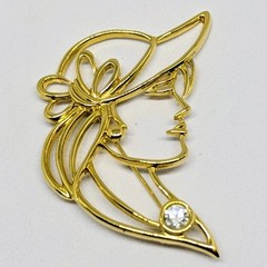 Vintage Gold-Tone Lady Profile In Hat Rhinestone Brooch Pin Signed Tona