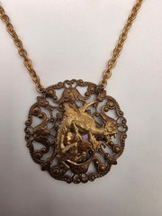 Vintage Art Nouvea Style Topaz Crystal Dragon Filigree Mixed Metal Necklace