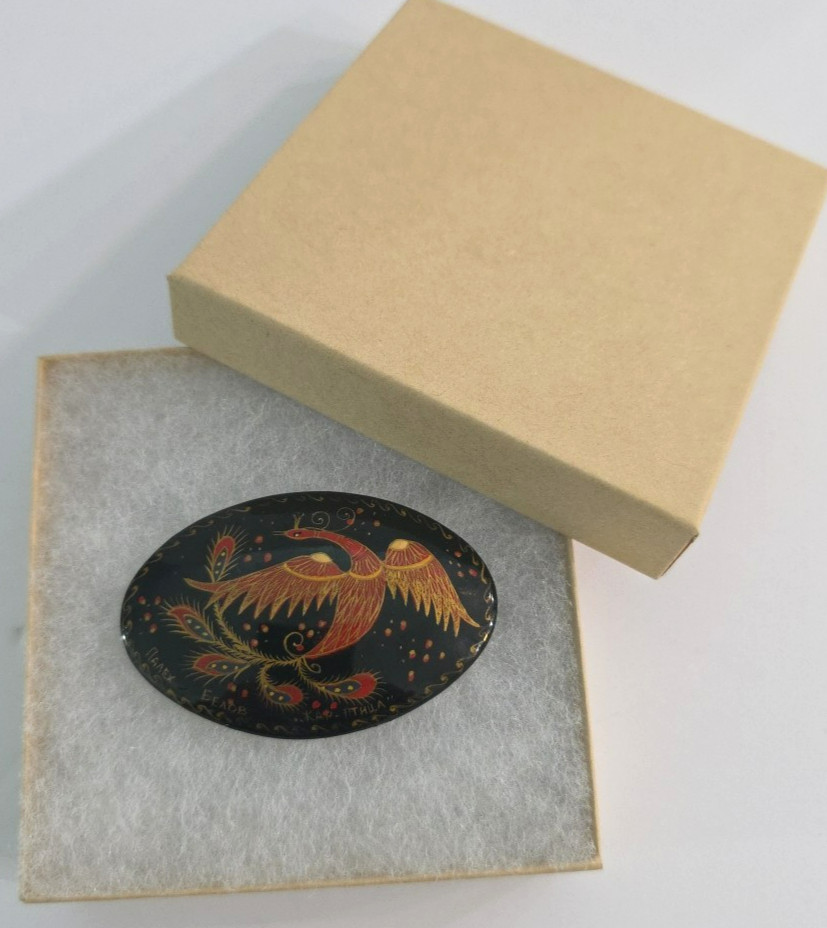 Hand Painted Bird 2.5″ Brooch Wood Made In Russia Vintage in Gift Box