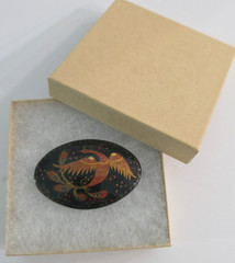 Hand Painted Bird 2.5″ Brooch Wood Made In Russia Vintage in Gift Box