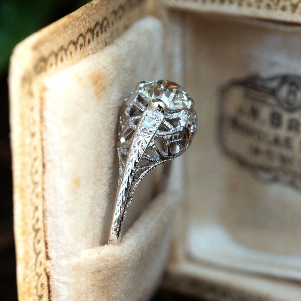 Vintage Art Deco Style Round Lab Created Diamond Filigree Engagement Silver Ring