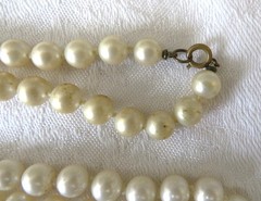 Vintage Necklace Faux Pearl Beads Ivory Hand Knotted 54″ Strand Spring Ring