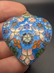 Vintage Puffy Cloisonne Enamel Floral Heart Pendant Double Sided Gold Tone