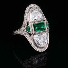 Vintage & Antique Vivid Green Emerald With Fancy Cut White CZ 935 Silver Ring