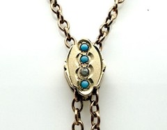 Antique M.S&S Gold Filled Guard Watch Chain Slide 48” Dog Clip Blue Glass Slide