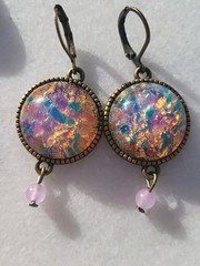 SALE! VINTAGE OPAL FOIL MILKY LILAC GLASS CABACHON STATION NECKLACE SET HEAVY