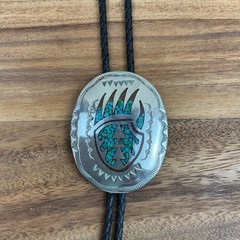 Vintage Navajo Henry Baca Turquoise Bear Claw Bolo Tie Sterling Silver Leather