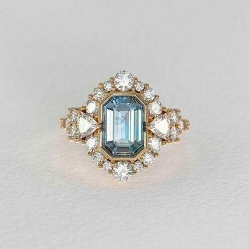 Art Deco 3.50 Ct Emerald Cut Aquamarine Vintage Wedding Ring 14K Yellow Gold FN