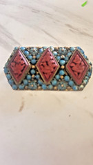 Vintage Nepal Brooch Pin Brass Coral & Turquoise Inlay Tibetan Tribal Jewelry