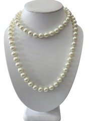 Vintage Carol Lee Long Ivory Imitation Pearl Hand Knotted Silver Tone Necklace