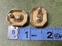 VTG Signed Trifari Black Enamel Clear Crystal Octagon Gold Tone Pierced Earrings