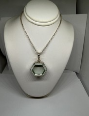 Vintage Aqua Hexagon Glass Locket Pendant Necklace 925 Sterling Silver 20”