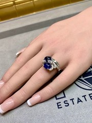 Vintage 1950’s Birks Platinum Cabochon Sapphire French Diamond Cocktail Ring