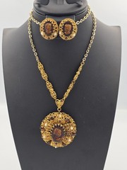 West Germany Rootbeer Cameo Set Filigree Faux Pearl Rhinestone Necklace