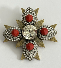 Vintage J. Crew Brooch Gold Tone Maltese Cross Brulee Crystal Clear Rhinestone