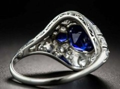 Art Deco Vintage Blue Sapphire & Lab Created Diamond 14K White Gold Plated Ring