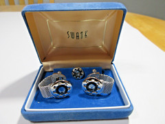 VTG SWANK mesh WRAP Men SET Cuflink Lapel Tie tac pin Blu Rhinestone Silver Tone
