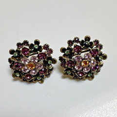 Vintage LaVintage Antiqued Gold Brass Purple Crystals Flowers Earrings Pierced