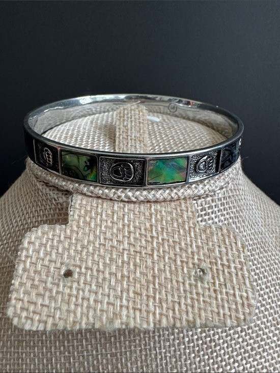VTG 90s Abalone Shell Bear Paw Panel Bangle Silver Tone Maker Mark M