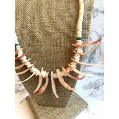 Vintage Dyed Puka Shell Necklace Barrel Clasp Spikey Pink White Boho Choker 14″