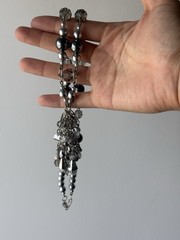 Vintage Silver Tone Beaded Tassel Necklace Gray Crystal Statement Pendant