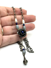 Artisan Gothic Rose Necklace Y Drop Blue Crystal Oxidized Silver Tone