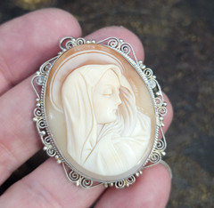 VTG 45mm Shell Cameo Mater Dolorosa Brooch Pendant Tested Silver Filigree