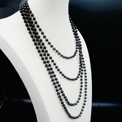 Vintage Black Pink Bead Necklace Set Flapper Opera Long Layered Retro Mod