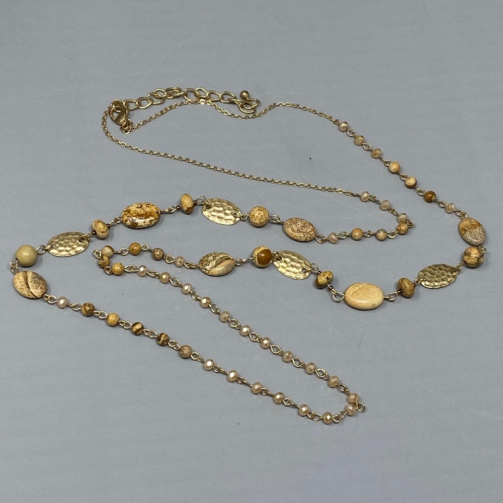 Stone Bead Necklace Brown Marble Gemstone StationChakra Long Gold Tone Chain 44″