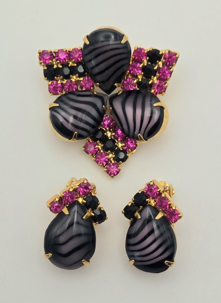 Amazing Juliana Style Zebra Striped Artglass Rhinestone Brooch & Earrings Set