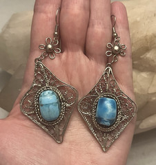 Vintage Egyptian Revival Turquoise Scarab Silver Filigree Bracelet/Earrings Set