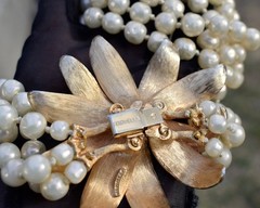 Marvella 3 Strand Faux Pearl Necklace W/beautiful Brooch Like Flower Clasp Pave’