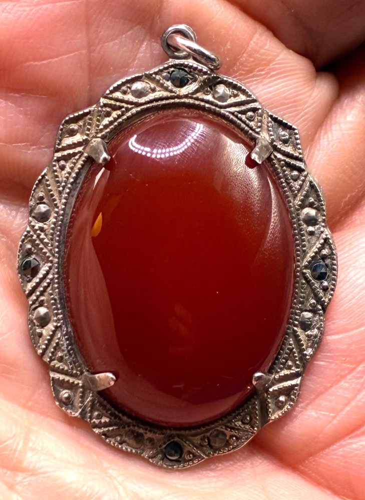 Vintage Sterling Silver Pendant Carnelian Cabochon Marcasite Accents 1 3/4″