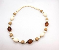 Vintage off white light wood and brown marbled amber colored beaded necklace