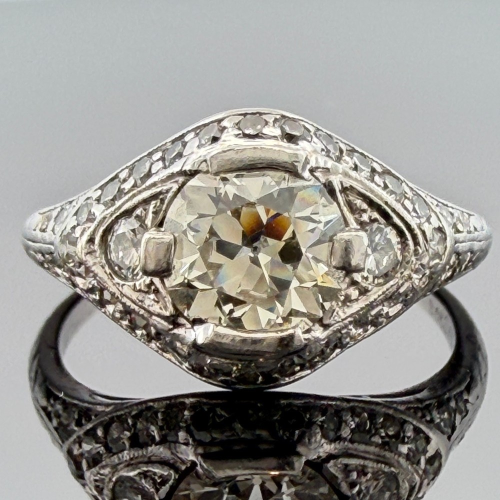 Art Deco Style Platinum Old European Cut Diamond Ring SI1 J Size 5.25