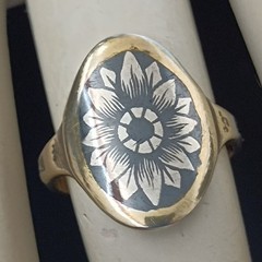 Niello Floral Ring Gilded Silver Oval Vintage Statement Size 8.5 Vintage 875