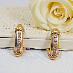 Vintage JJT Gold Electroplated 925 Sterling CZ Accent Half Hoop Pierced Earrings
