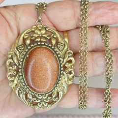 Vtg Lace Gold Stone Pendant Necklace Art Nouveau Textured Oval Chain Large Cameo