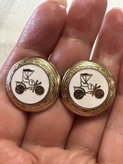 VTG CORO Signed White Enameled antique car Gold Tone Screw Back Earrings 0.9Inch