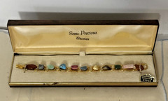Unique Mid Century Semi Precious Genuine Stones Gold Tone Link Bracelet & Case