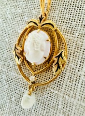 Antique 10K Gold Shell Cameo Pendant Black Enamel Pearl Drop Victorian Style