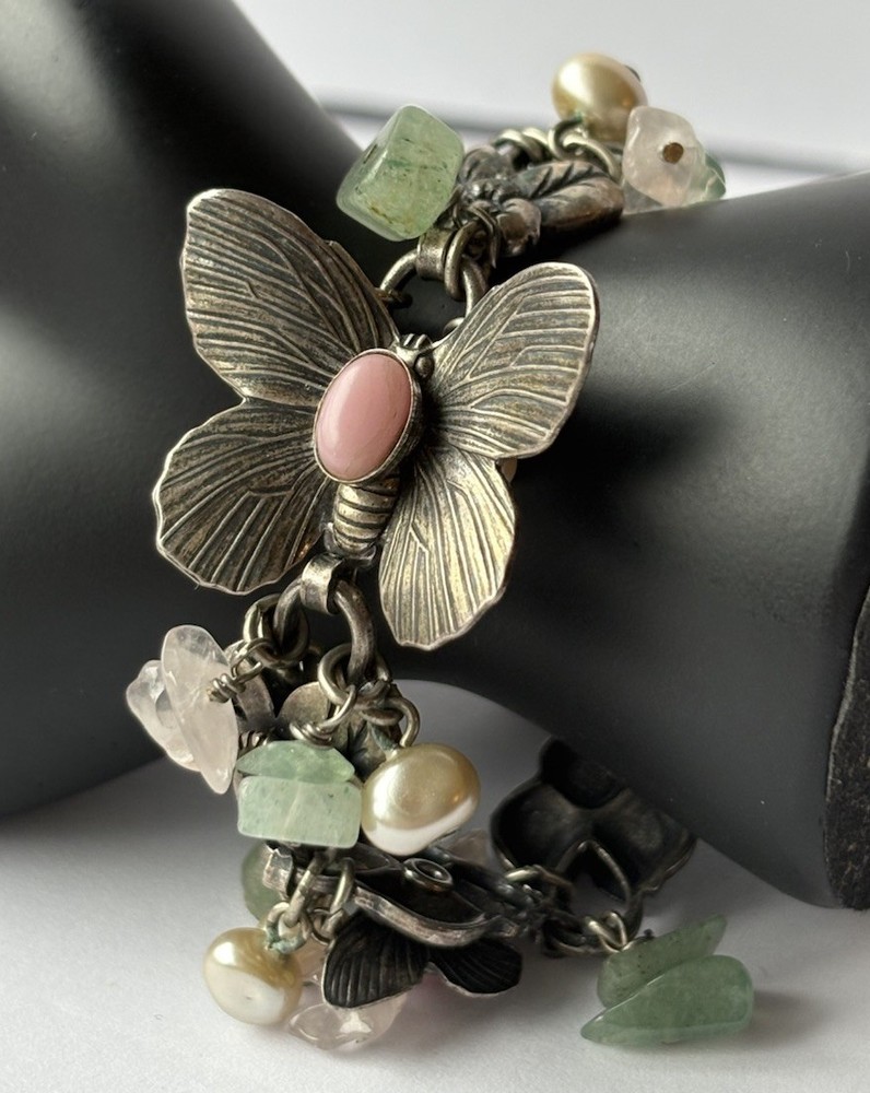Mary DeMarco Bracelet Butterfly Opaline Glass Rhinestone Vintage Silver Tone Y2K